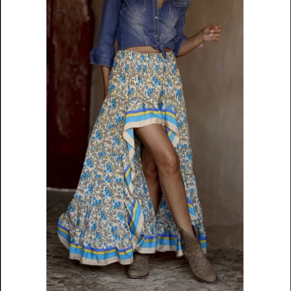 Boho Gypsy Floral Print High Low Maxi Skirt (Blue) - Picture 2 of 6